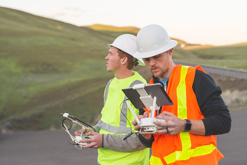 Drone operators working together outdoors